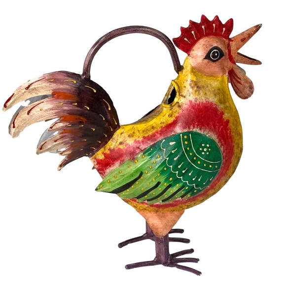 Great Gift Crowing Multicolor Rooster Hand-Made Hand-Painted Metal Watering Can - Picture 3 of 8
